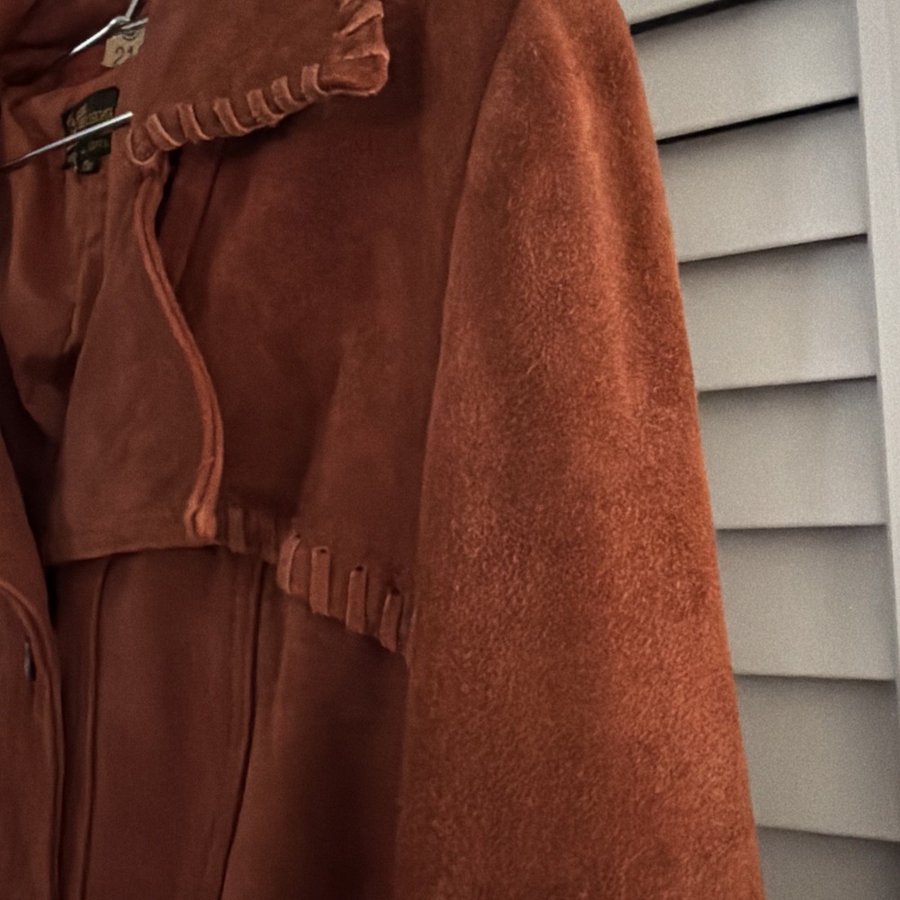 Vintage Suede Jacket 70s 80's Small Boho Western Whipstitch Cognac Leather Coat - Picture 12 of 16